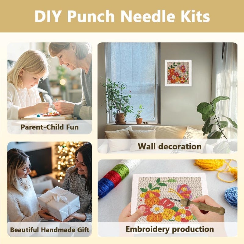 DOODLREAM DIY Punch Needle Embroidery Kit for Adult Beginner, 9.4" Flower and Butterfly Punch Stitching Craft Set for Starter with Frame, Fabric Pattern, Threader, Yarn, Pinch Needle - Image 4
